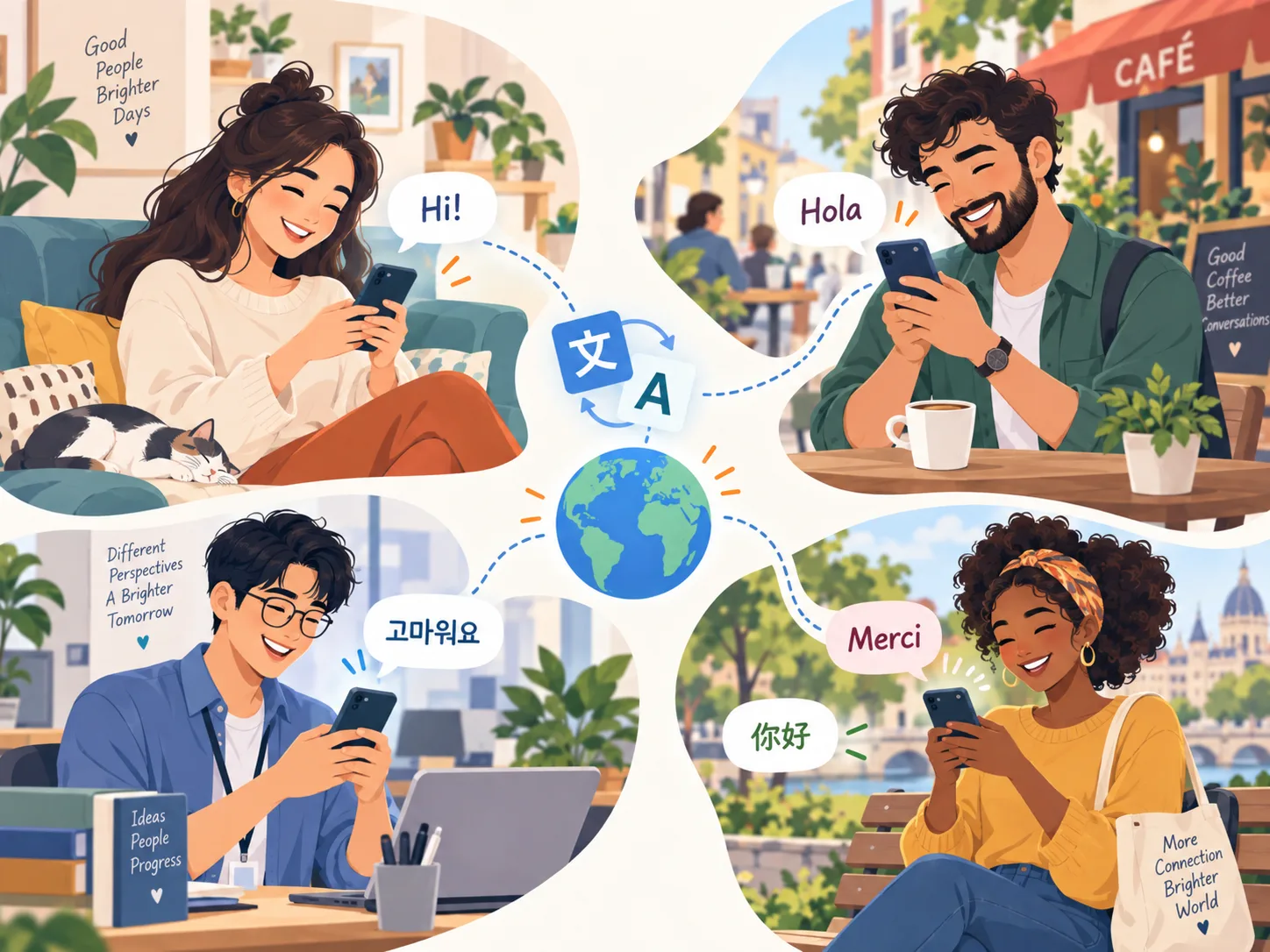 People using messaging apps to chat across several languages with automatic translation