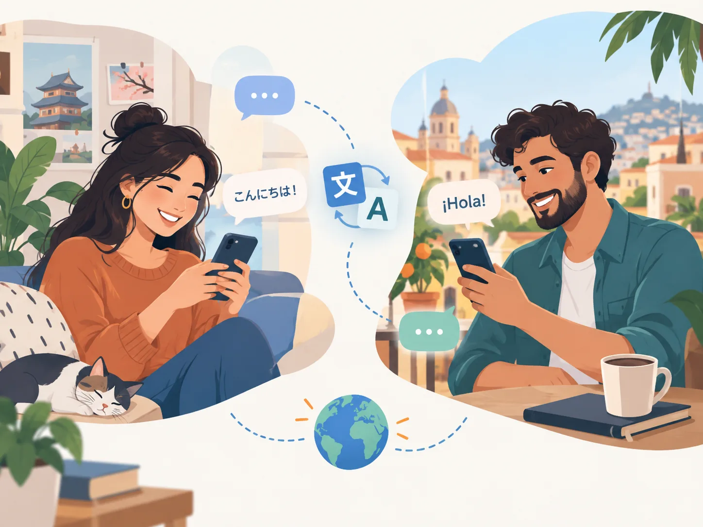 People having a friendly translated chat across languages
