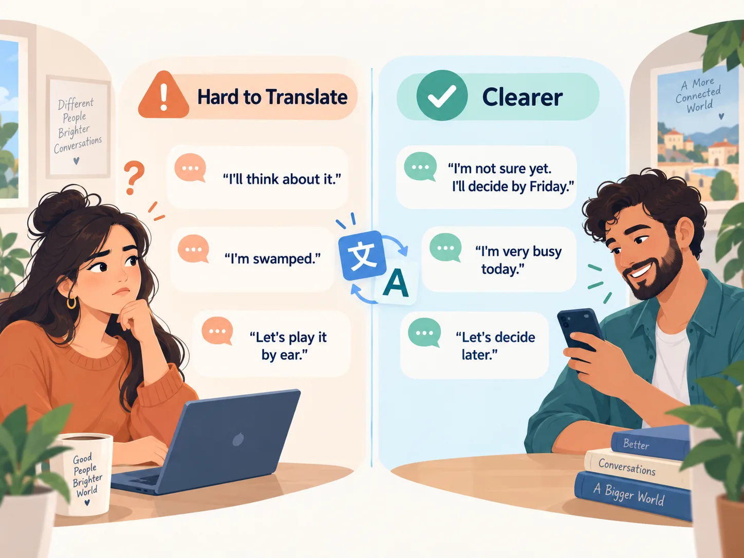 Examples showing that direct, simple phrases translate more clearly than idioms