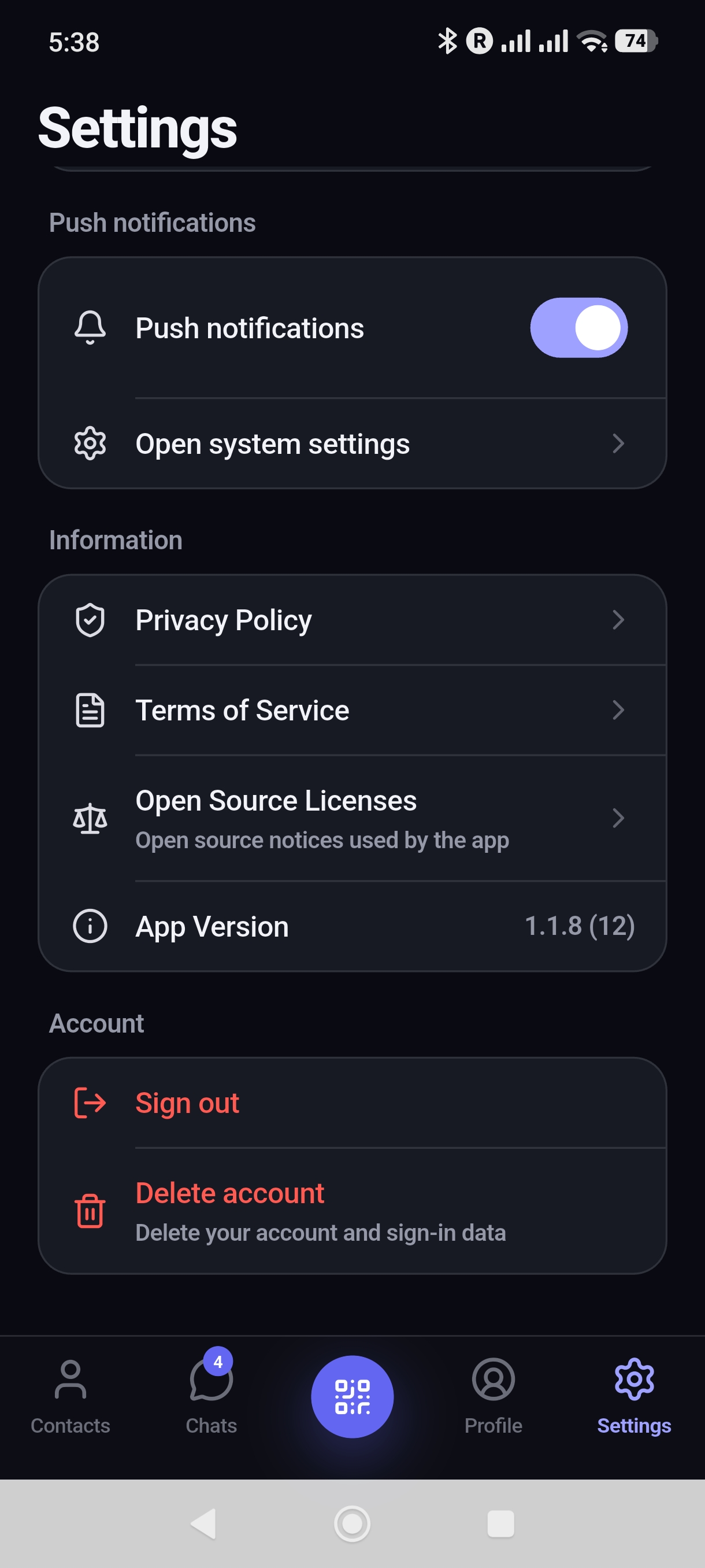 Mobile app — push notifications enabled and Open system settings.